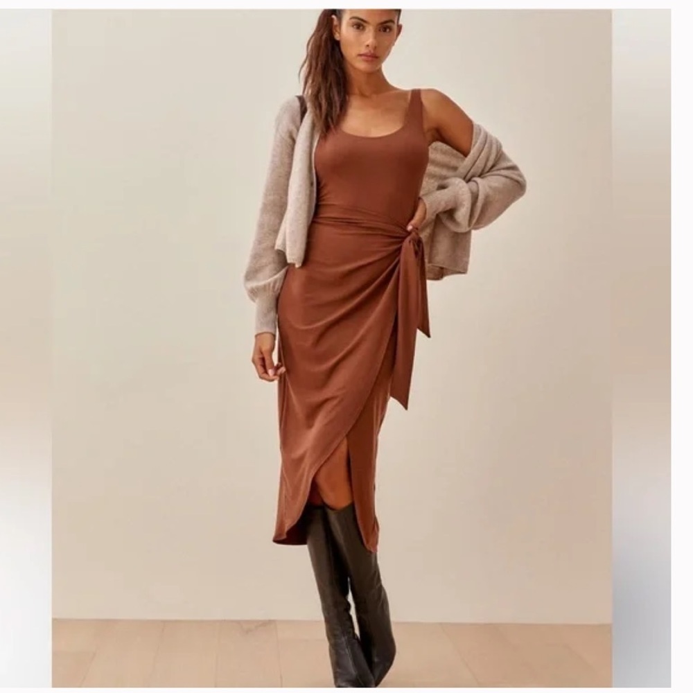 Reformation Brown Midi Tie-Waist Tank Dress